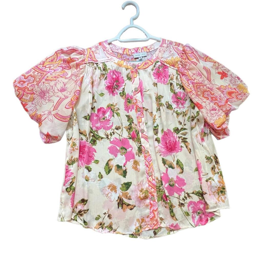 SAGE+ FIG Floral Cream & Pink Top -M